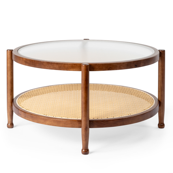 31.5in Rattan Coffee Table with Glass Top, Round End Table, Boho Style Side Table Sofa End Table for Living Room Balcony Patio, Walnut Finish-2