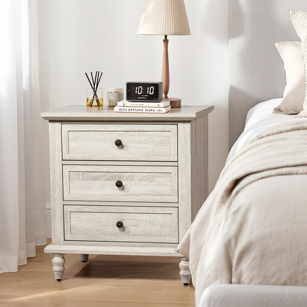 Retro white P2 particle board with 3D paper + solid wood legs 63*44.5*68.5CM three drawers bedside table 1pcs-8