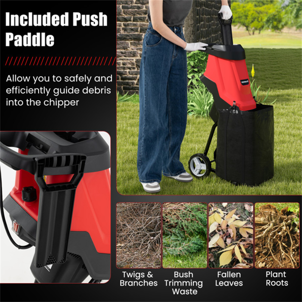﻿  15 Amp Electric Wood Chipper - 4000 RPM, 1.77" Max Diameter, 15:1 Reduction Rate with 12-Gallon Collection Bag, Red-7