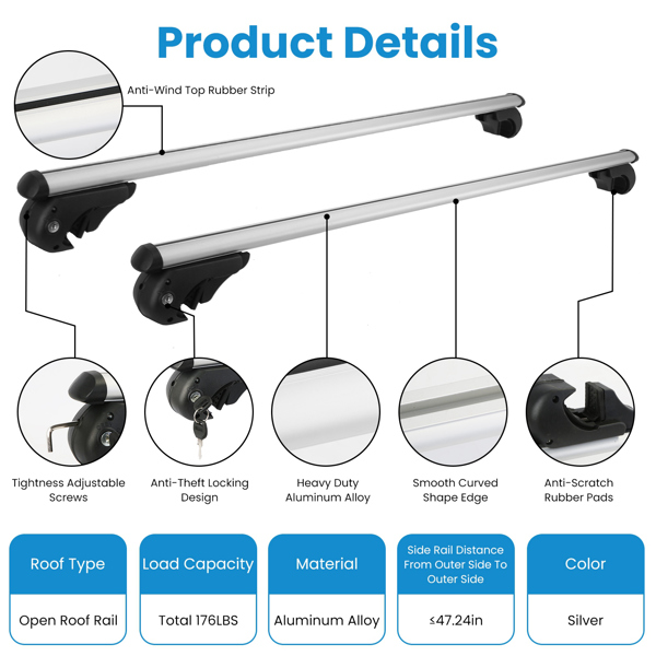 Car Roof Rack Cross Bars 1.22m Thick Aluminum Crossbars Universal Roof Rack Adjustable Roof Cross Bars with 176lbs Load Capacity Fits Most Vehicles with Existing Raised Side Rails with Gap-7