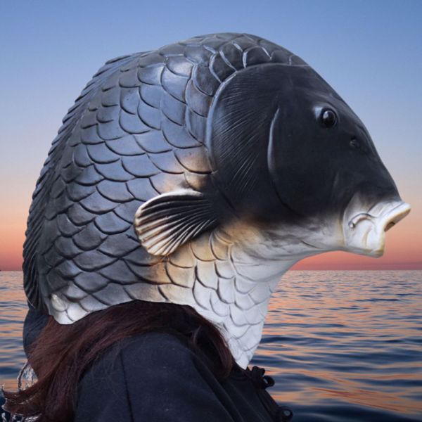 万圣节搞怪面具真实厂家直销金鱼动物头鱼面具 fish mask 黑色鱼头-6