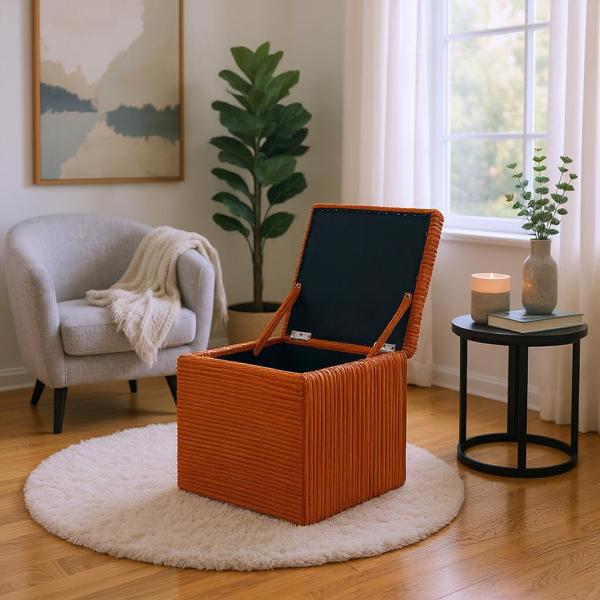 Orange Corduroy Storage Ottoman with Rubber Feet – Compact Soft Cube Seat, 42×42×44cm-3