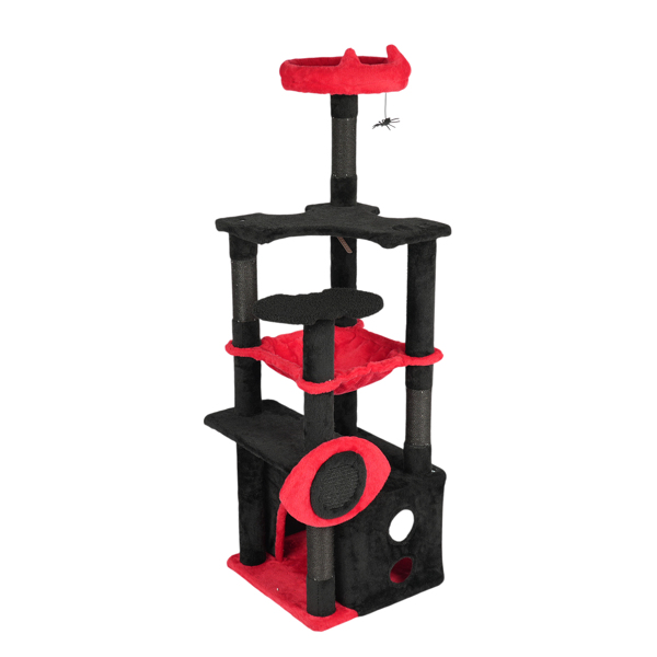 53" Large Cat Tree, Gothic Cat Tower with Padded Perch, Spacious Condo, Comfy Hammock, Scratching Post, Hanging Toy for Indoor Cats, Red & Black-1
