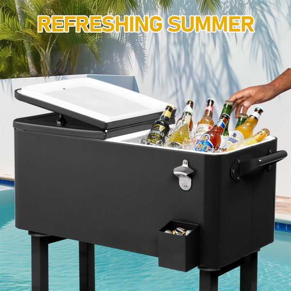 80 Quart Rolling Ice Chest, Portable Bar Drink Cooler with Catch Basin, Bottom Storage Tray and Bottle Opener for Patio Party BBQ Beach Activities-7