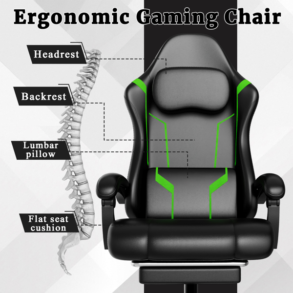 Ergonomic Gaming Chair, Video Game Chair with Pocket Spring Cushion and Footrest, Height Adjustable Computer Chair with Swivel Seat and Headrest (Faux Leather, Green)-4