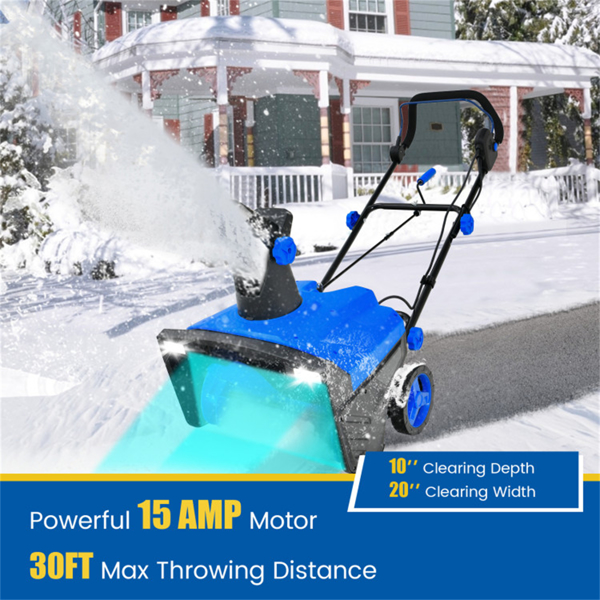 20" Electric Snow Blower - 15Amp Motor, 10" Depth & 30ft Throw Distance, 180° Discharge Chute (Blue)-8