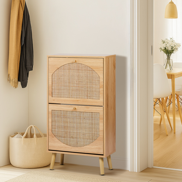 2-Tilt Shoe Cabinet with Arched Rattan Surface, MDF with Triamine, 54*24*98cm, Natural Wood Color-2