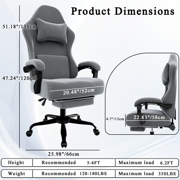 Ergonomic Gaming Chair, Video Game Chair with Massage Lumbar Support and Footrest, Height Adjustable Fabric Computer Chair with Pocket Spring Cushion, Gray-2