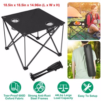 Compact Foldable Outdoor Side Table – No-Tool Setup, Water-Resistant 600D Fabric, Steel X Holds 44 lbs, Includes Carry Bag & Drink Holders, Perfect for Camping, BBQ, Fishing, Backyard