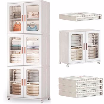 Tall Bathroom Storage Cabinet with Doors and Wheel, Narrow Bathroom Organizer Movable Freestanding Storage Cabinet with Adjustable Shelves for Small Space