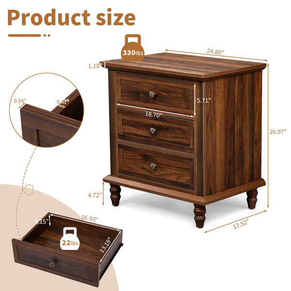 Brown P2 particle board with 3D paper + solid wood legs 63*44.5*68.5CM three drawers bedside table 1pcs-2