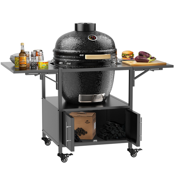 户外烧烤桌，适用于 Big Green Egg 式烧烤炉，金属烧烤车，带 2 个折叠面板，可与高达 Large Green Egg 的 Kamado Joe Jr 兼容-1