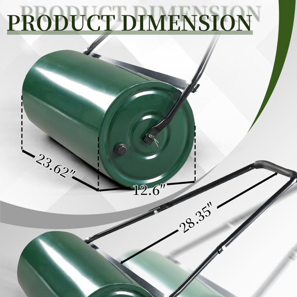 24in Heavy Duty Steel Lawn Roller, Garden Roller Can Be Filled with Water or Sand, Hand Roller with U-shaped Handle, Green & Black-12