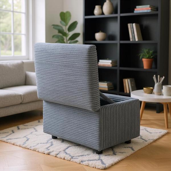 Dark Gray Corduroy Upholstered Storage Ottoman with Black Round Rubber Feet – 63×43×43cm, Hidden Storage with Soft Seating-6