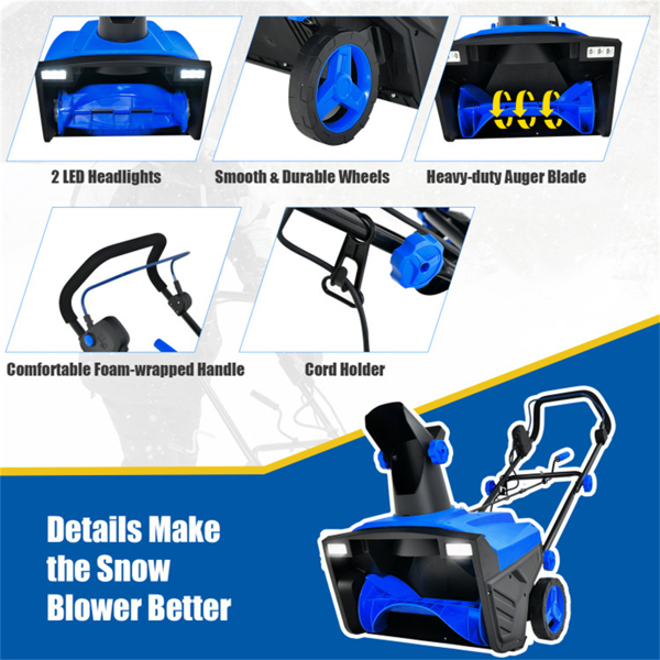 20" Electric Snow Blower - 15Amp Motor, 10" Depth & 30ft Throw Distance, 180° Discharge Chute (Blue)-7
