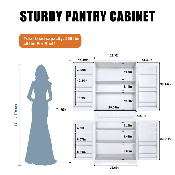 Pantry Cabinet, 71.65" Tall Storage Cabinet with Drawer, 2 Cabinets & 6 Door Shelves, Adjustable Shelves, Freestanding Cupboard for Kitchen, Living Room, Bathroom, Farmhouse Style, White-2