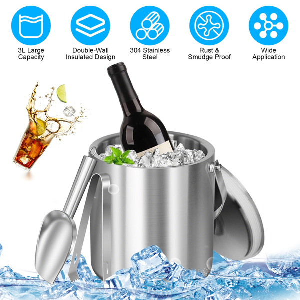  3L Ice Holder Ice Container Double-Wall Stainless Steel Insulated Ice Bucket 3L Ice Holder Ice Container with Lid Scoop Strainer Handle for Wine Champagne Beer Parties Cocktails-1