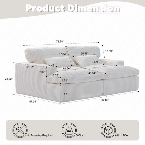 Double Chaise Lounge Chair Indoor,Oversized Upholstered Sleeper Cloud Couch,Deep Seat Luxury Sofa Bed,Sectional Sofa Chaise Love-seat,Corduroy Reading Chair for Living Room,No Assembly Required,White-3