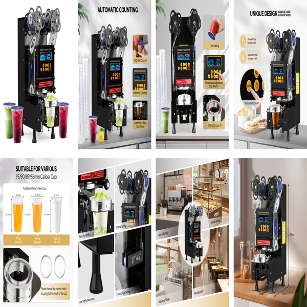 Cup Sealing Machine Full Automatic, Electric Cup Sealer 500-600 Cups/H, Bubble Tea Machine with LCD Intelligent Display, 88/89/90/95 mm Cup for Bubble Milk Tea Coffee Black -10