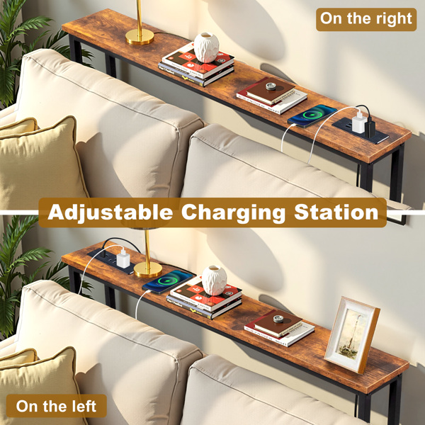 39.4" Narrow Console Sofa Table with Power Outlets and USB Ports, Skinny Couch Table with Metal Frame and Charge Station with 4.9ft Extension Cord, Rustic Brown-10