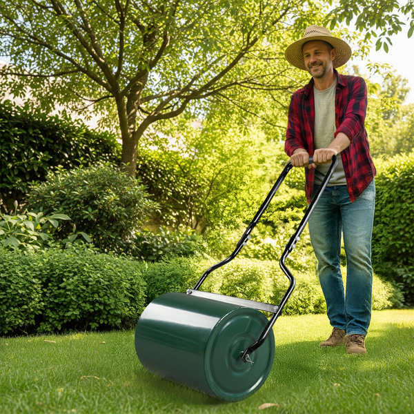 16in Heavy Duty Steel Lawn Roller, Garden Roller Can Be Filled with Water or Sand, Hand Roller with U-shaped Handle, Green & Black-8