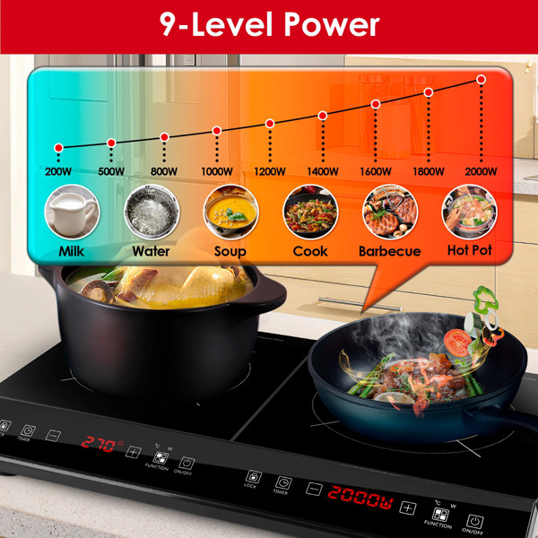 Double Induction Cooktop,  Portable Dual Countertop Burner with Sensor Touch, 4000W  Induction Cooktop 2 Burner, Electric Countertop Cooker with 9 Temp & Power Levels, 3-Hour Timer,Safety Lock-4