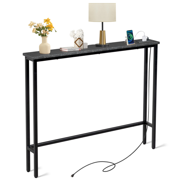 39.4" Narrow Console Sofa Table with Power Outlets and USB Ports, Skinny Couch Table with Metal Frame and Charge Station with 4.9ft Extension Cord, Black-14