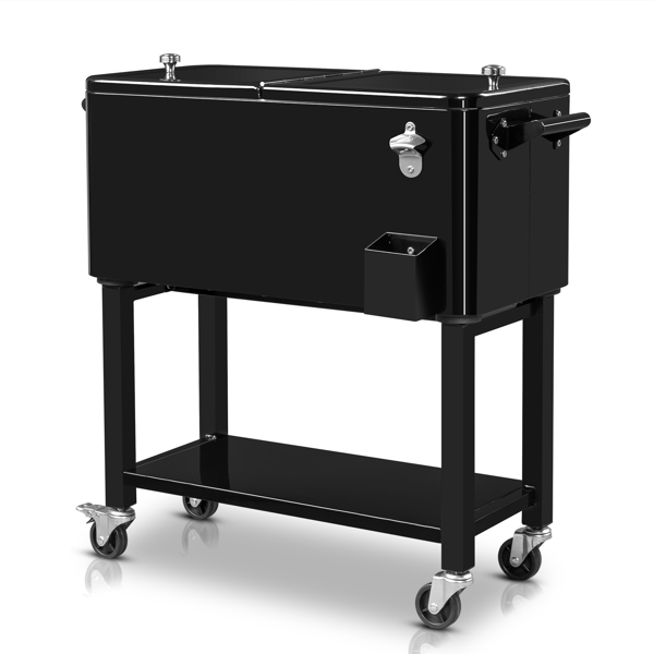 80 Quart Rolling Ice Chest, Portable Bar Drink Cooler with Catch Basin, Bottom Storage Tray and Bottle Opener for Patio Party BBQ Beach Activities-29