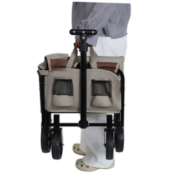All-in-One Convertible Folding Camping Wagon Cart: Bench Seat, Storage Compartment & Included Dog Tether, Beige/Brown -26