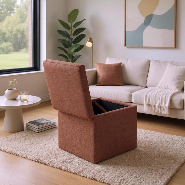 Brown Linen-Textured Storage Ottoman with Black Rubber Feet – Compact Square Seat with Hidden Storage, 42×42×44cm-6