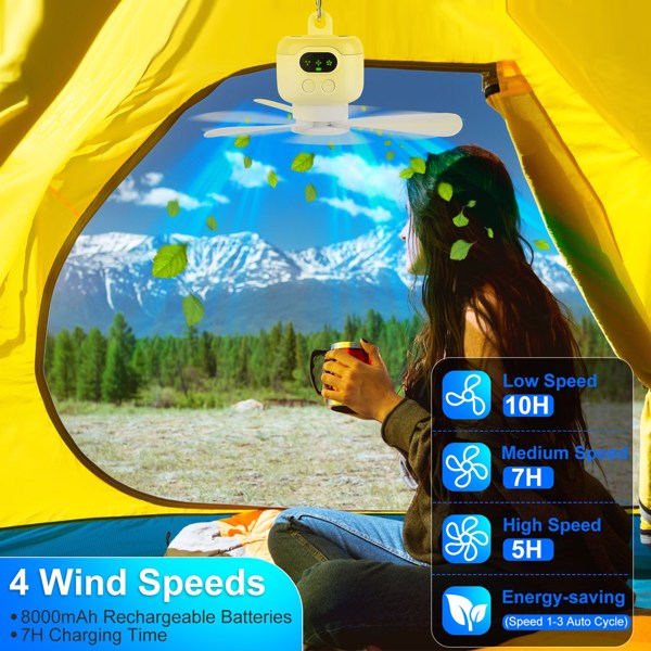 2 In 1 Portable Camping Fan with LED Lantern 8000mAh Battery Powered Tent Fan with Carabiner Digital Display 4 Speeds 4 Timer Settings for Camping Canopy Tents RV-7