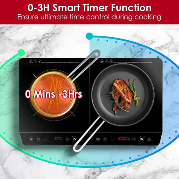 Double Induction Cooktop,  Portable Dual Countertop Burner with Sensor Touch, 4000W  Induction Cooktop 2 Burner, Electric Countertop Cooker with 9 Temp & Power Levels, 3-Hour Timer,Safety Lock-7