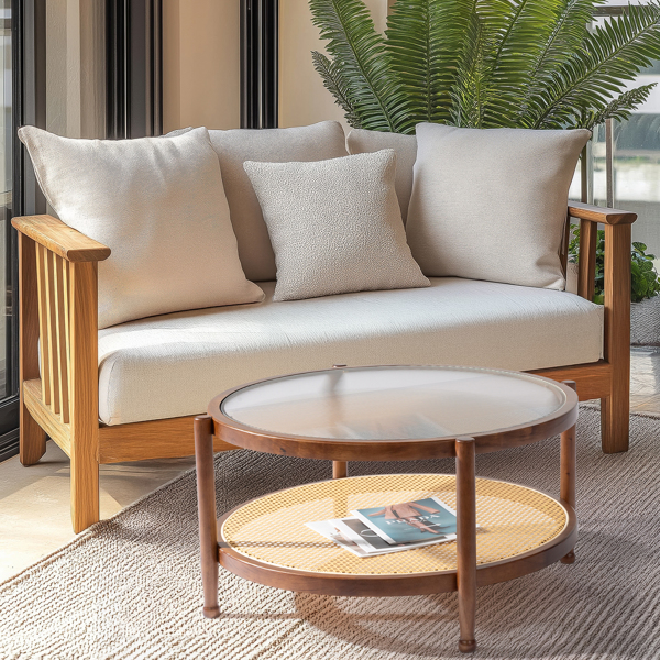 31.5in Rattan Coffee Table with Glass Top, Round End Table, Boho Style Side Table Sofa End Table for Living Room Balcony Patio, Walnut Finish-8