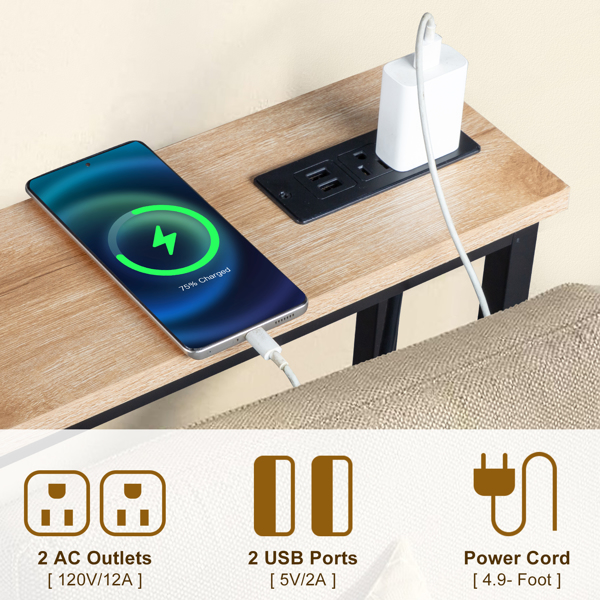 39.4" Narrow Console Sofa Table with Power Outlets and USB Ports, Skinny Couch Table with Metal Frame and Charge Station with 4.9ft Extension Cord, Oak-11