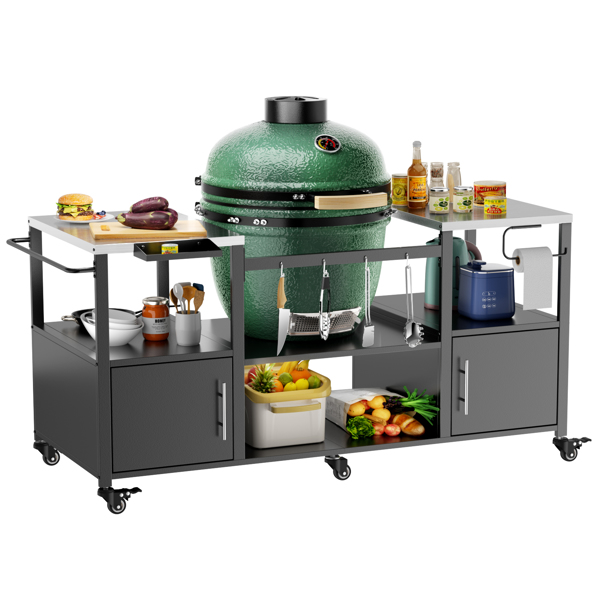 户外烧烤桌，适用于 Big Green Egg 式烧烤炉，金属烧烤车带储物盒，可兼容高达 Large Green Egg 的 Kamado Joe Jr-4