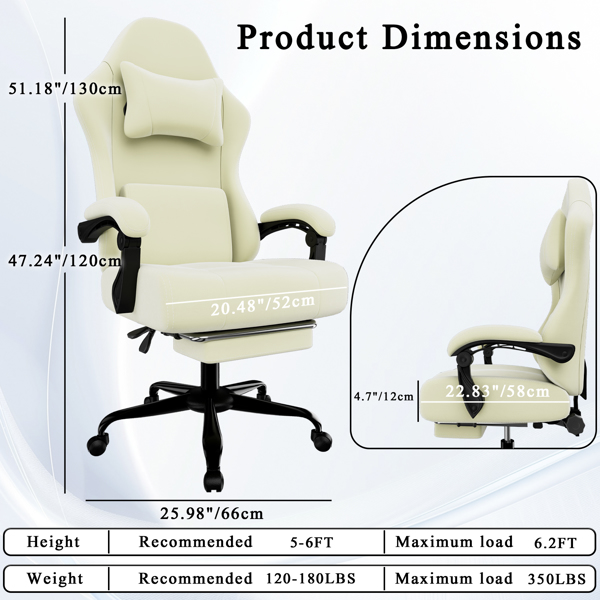 Ergonomic Gaming Chair, Video Game Chair with Massage Lumbar Support and Footrest, Height Adjustable Fabric Computer Chair with Pocket Spring Cushion, White-2