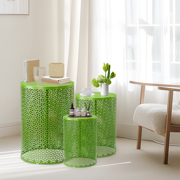 Outdoor Nesting Side Table Set of 3, Round Patio Accent Table, Metal Frame End Table for Indoor Outdoor, 12", 14", 16"H, Green-2