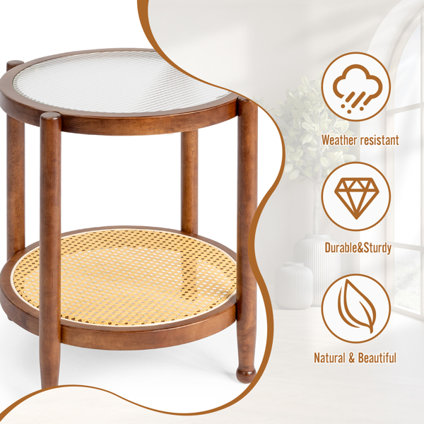 19.7in Rattan Coffee Table with Glass Top, Small Round End Table, Boho Style Side Table Sofa End Table for Living Room Balcony Patio, Walnut-15