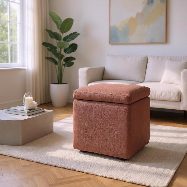 Brown Linen-Textured Storage Ottoman with Black Rubber Feet – Compact Square Seat with Hidden Storage, 42×42×44cm-1
