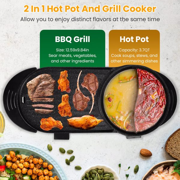 Dual-Electric 2 in 1 Hot Pot & Grill Combo, 2200W Rapid-Heat Indoor , 3.7 QT Non-Stick Hotpot Separate Temp Control , Apartment-Friendly Party Cooker-5