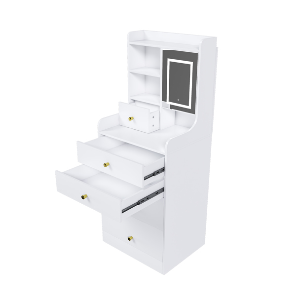 3-in-1 Dressing Table with LED Mirror & Storage Stool - Compact Makeup Vanity with 4 Drawers, Storage Cabinet & Hidden Stool, White Density Board Design, Open Bookshelf for Bedroom Organization-1