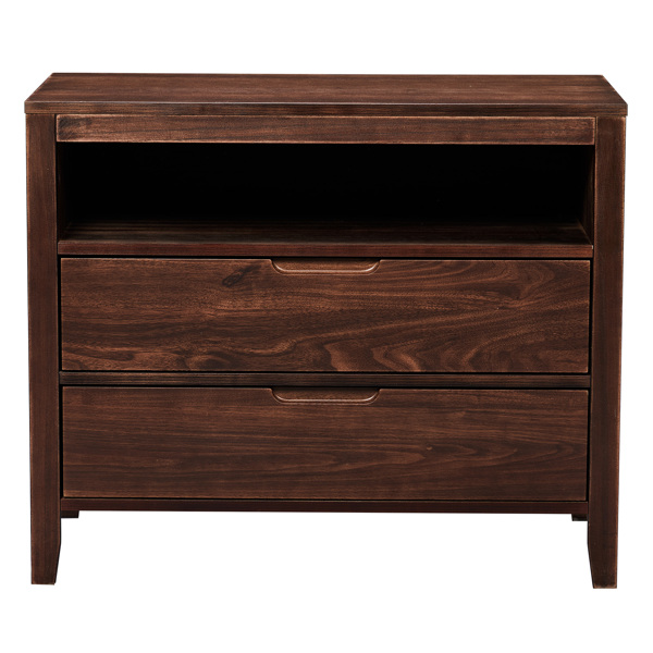 Brown P2 density board + solid wood veneer frame 75*40*61CM two drawers with upper compartment bedside table mid-century modern-9