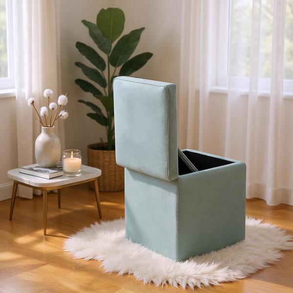 Gray Linen-Textured Storage Ottoman with Black Rubber Feet – Compact Square Seat with Hidden Storage, 42×42×44cm-6