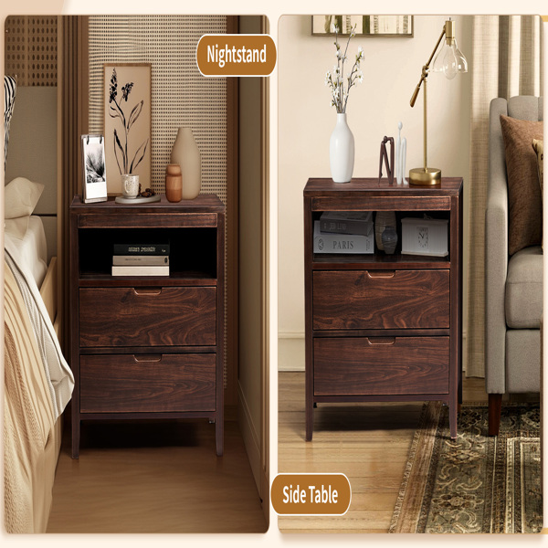 Brown P2 density board + solid wood veneer frame 75*40*61CM two drawers with upper compartment bedside table mid-century modern-14