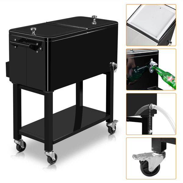 80 Quart Rolling Ice Chest, Portable Bar Drink Cooler with Catch Basin, Bottom Storage Tray and Bottle Opener for Patio Party BBQ Beach Activities-27