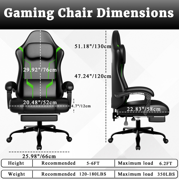 Ergonomic Gaming Chair, Video Game Chair with Pocket Spring Cushion and Footrest, Height Adjustable Computer Chair with Swivel Seat and Headrest (Faux Leather, Green)-2