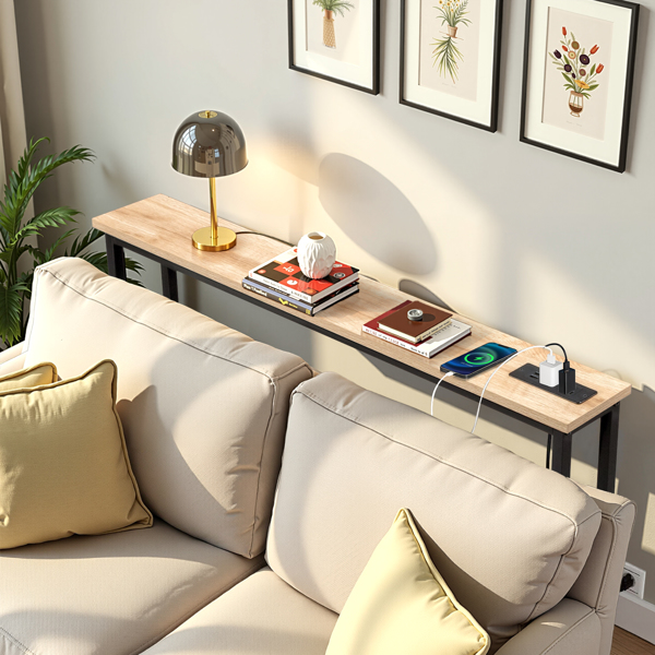 39.4" Narrow Console Sofa Table with Power Outlets and USB Ports, Skinny Couch Table with Metal Frame and Charge Station with 4.9ft Extension Cord, Oak-8