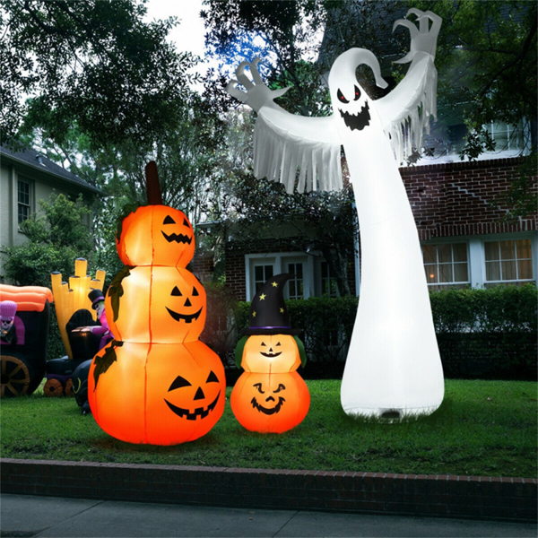 Spooky Halloween Inflatable Ghost - 12 ft Tall with LED Lights, Waterproof Fabric, Spikes/Ropes for Stability, White-12