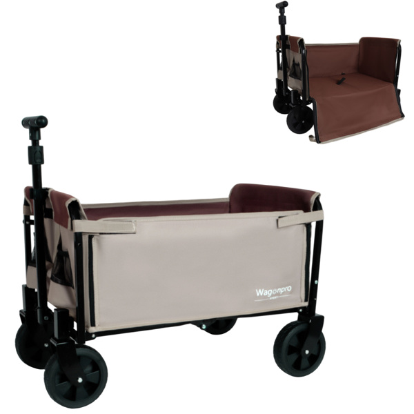 All-in-One Convertible Folding Camping Wagon Cart: Bench Seat, Storage Compartment & Included Dog Tether, Beige/Brown -10