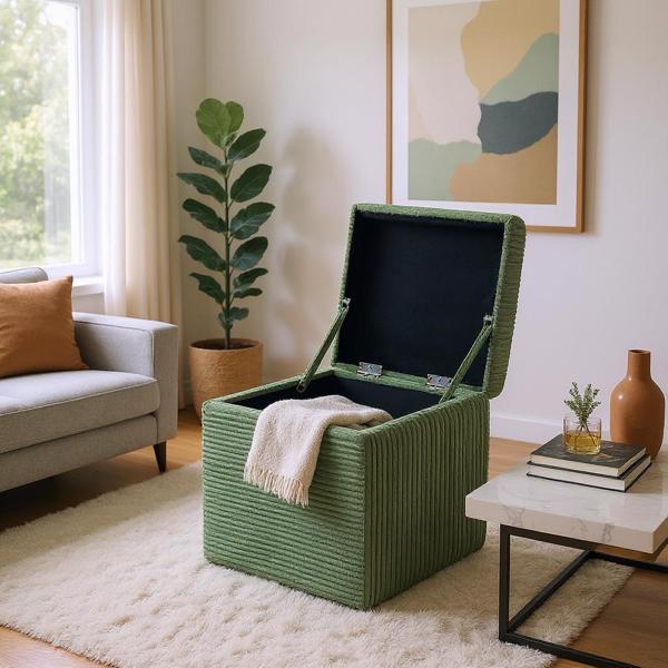 Green Corduroy Storage Ottoman with Rubber Feet – Compact Soft Cube Seat, 42×42×44cm-3